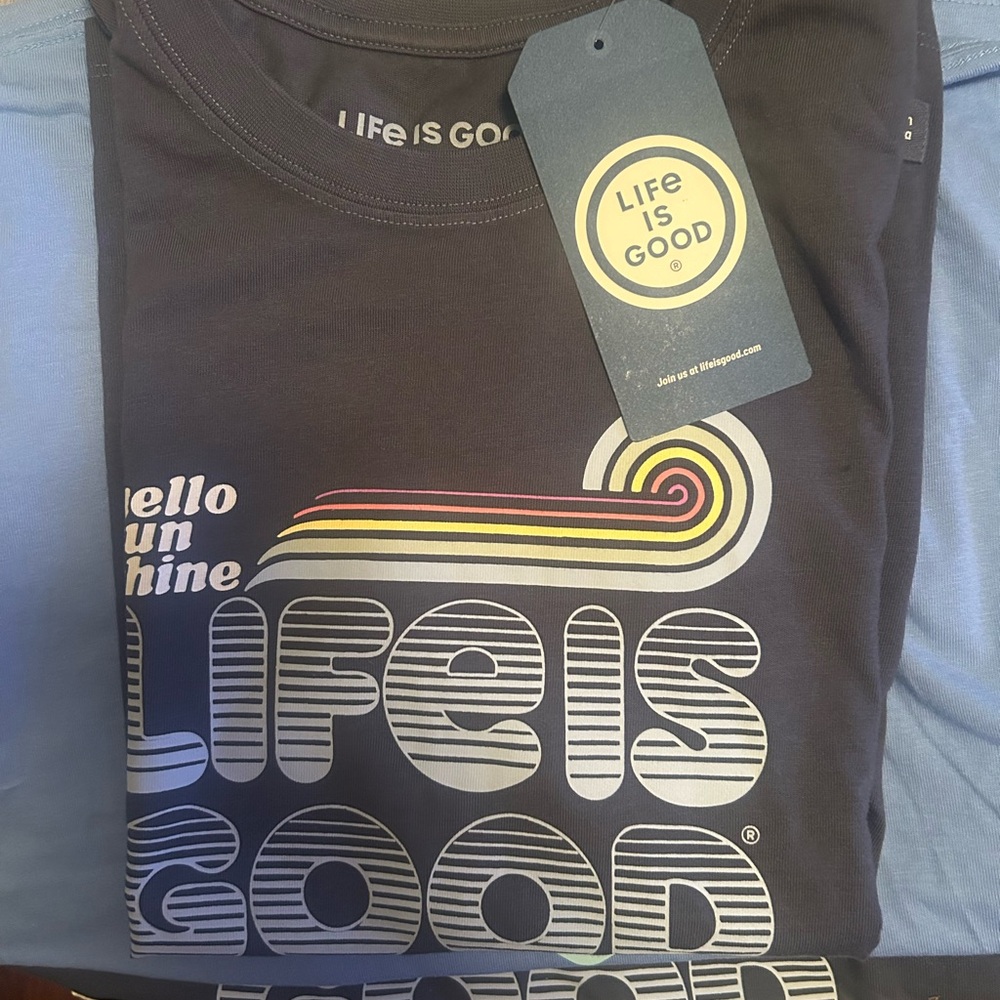 Life Is Good Gray Graphic Tee with Retro Stripes